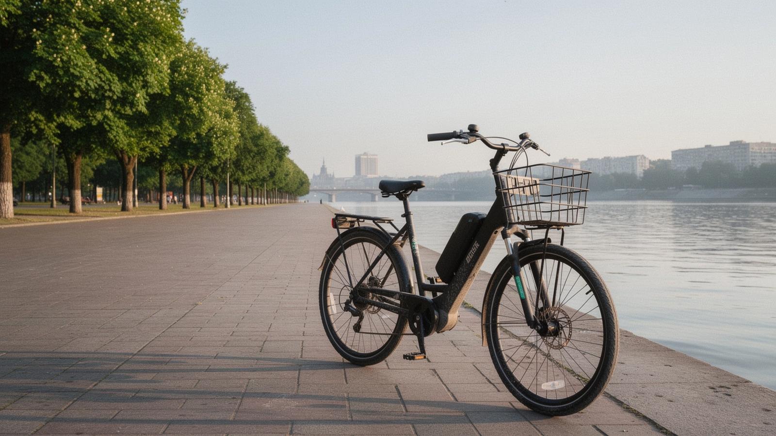 Electric bicycle parked beside a riverside path in Kyiv in morning light